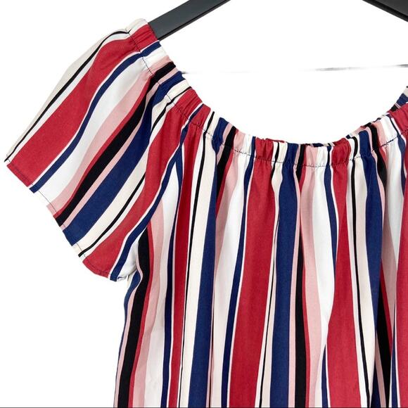 Evereve Allison Joy‎ Medium Blouse Off the Shoulder Striped Top Red Blue White - Picture 2 of 7